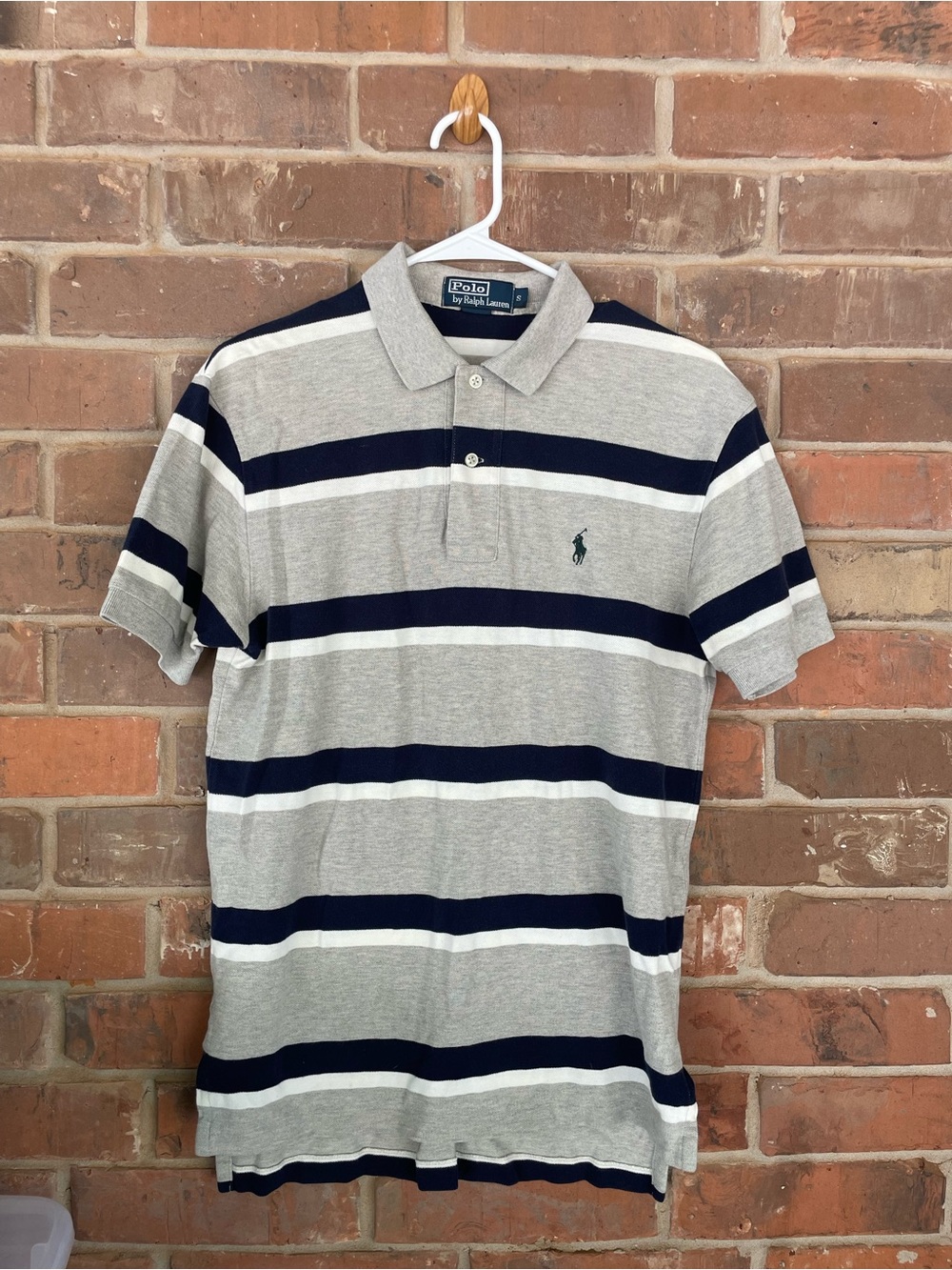 Polo by Ralph Lauren Men's Grey & Navy Striped Polo Shirt Small #270